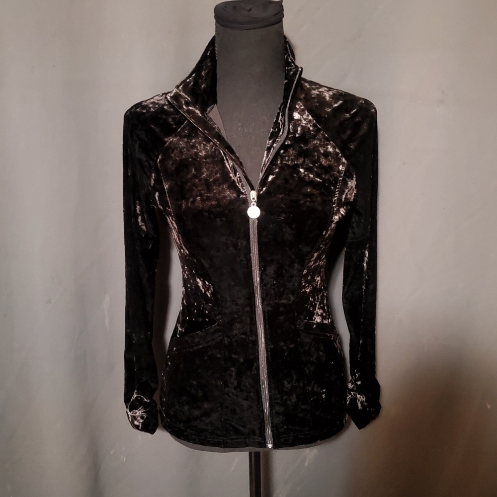 Tzu Tzu Black Crushed Velvet Velour Active Zip-Up Fitted Jacket Size Small